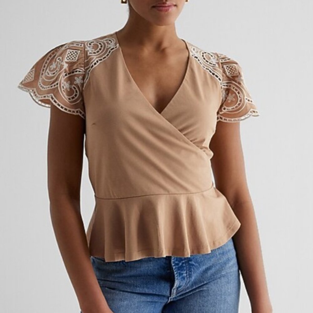 Express Neutral Wrap Peplum Top with Embroidered Flutter Sleeves